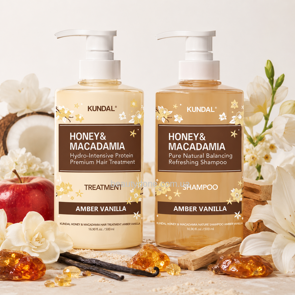 Лимитированный набор средств по уходу за волосами Kundal Amber Vanilla Edition Honey & Macadamia Shampoo & Treatment Set, 500 мл + 500 мл 3564 фото