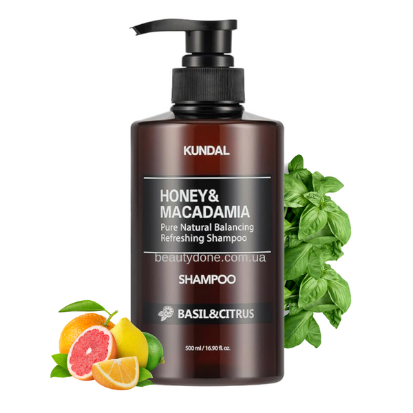 Восстанавливающий шампунь для волос Базилик и Цитрус KUNDAL Honey & Macadamia Pure Natural Balancing Refreshing Shampoo Basil&Citrus 500 ml (свежие и цитрусовые) 1287 фото